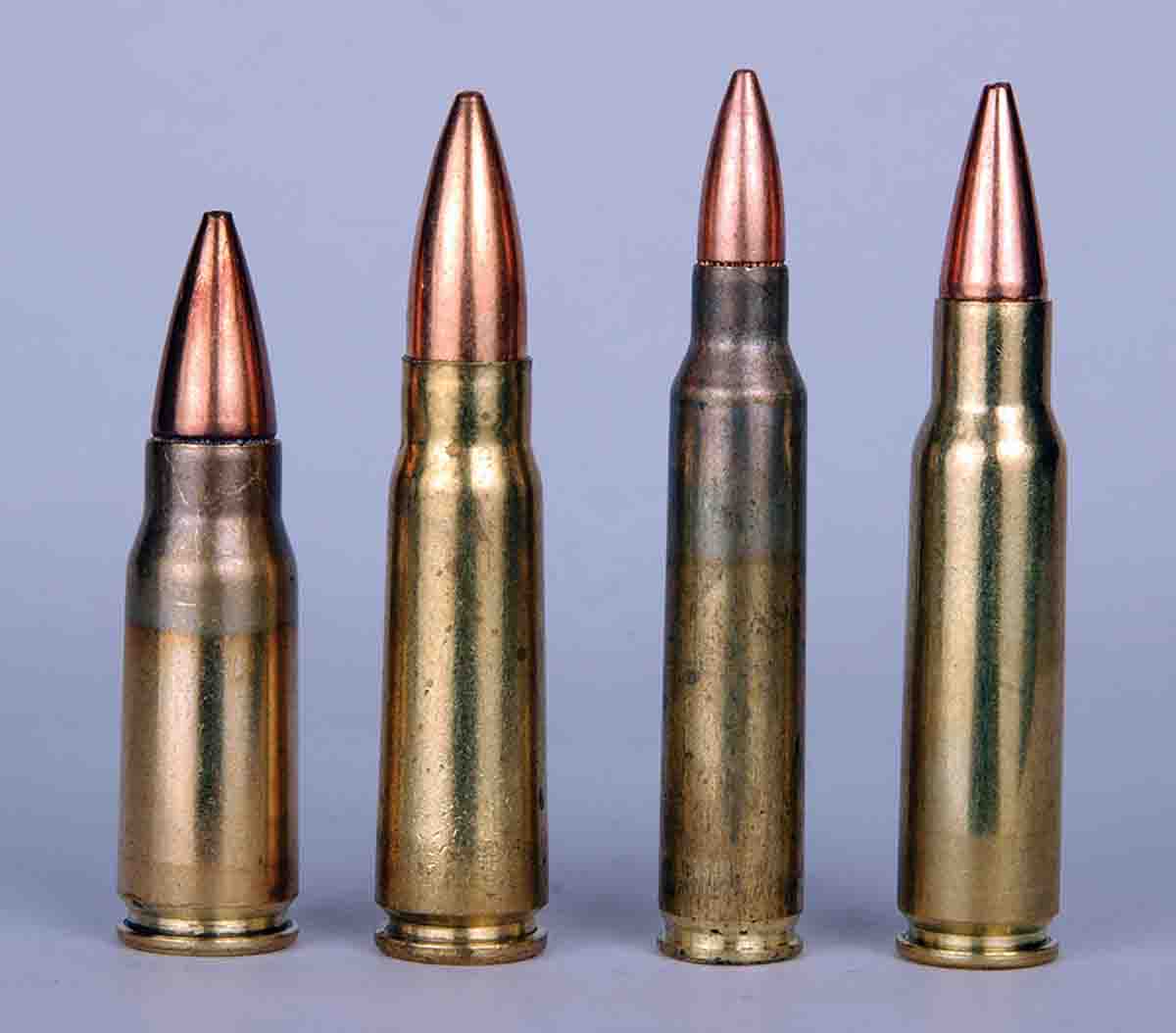 Left to right: The 7.92/8mm Kurz, 7.62x39mm (Russian), 5.56mm NATO (American) and the Remington 6.8 SPC sporting round.